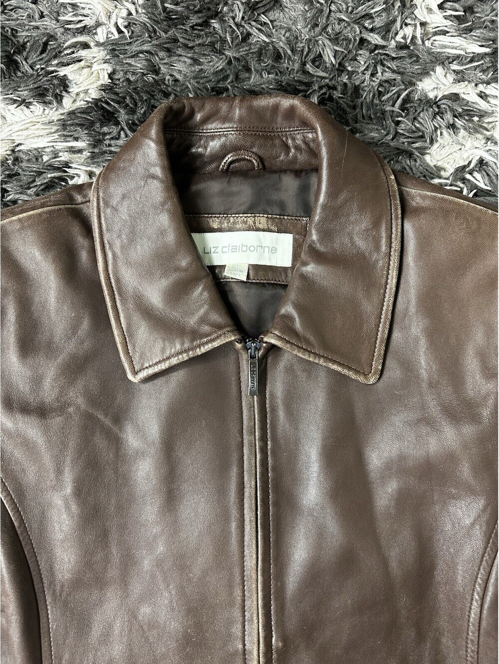 Liz Claiborne Womens XL Brown Genuine Leather Full Zip Jacket Coat Outerwear - Picture 5 of 12